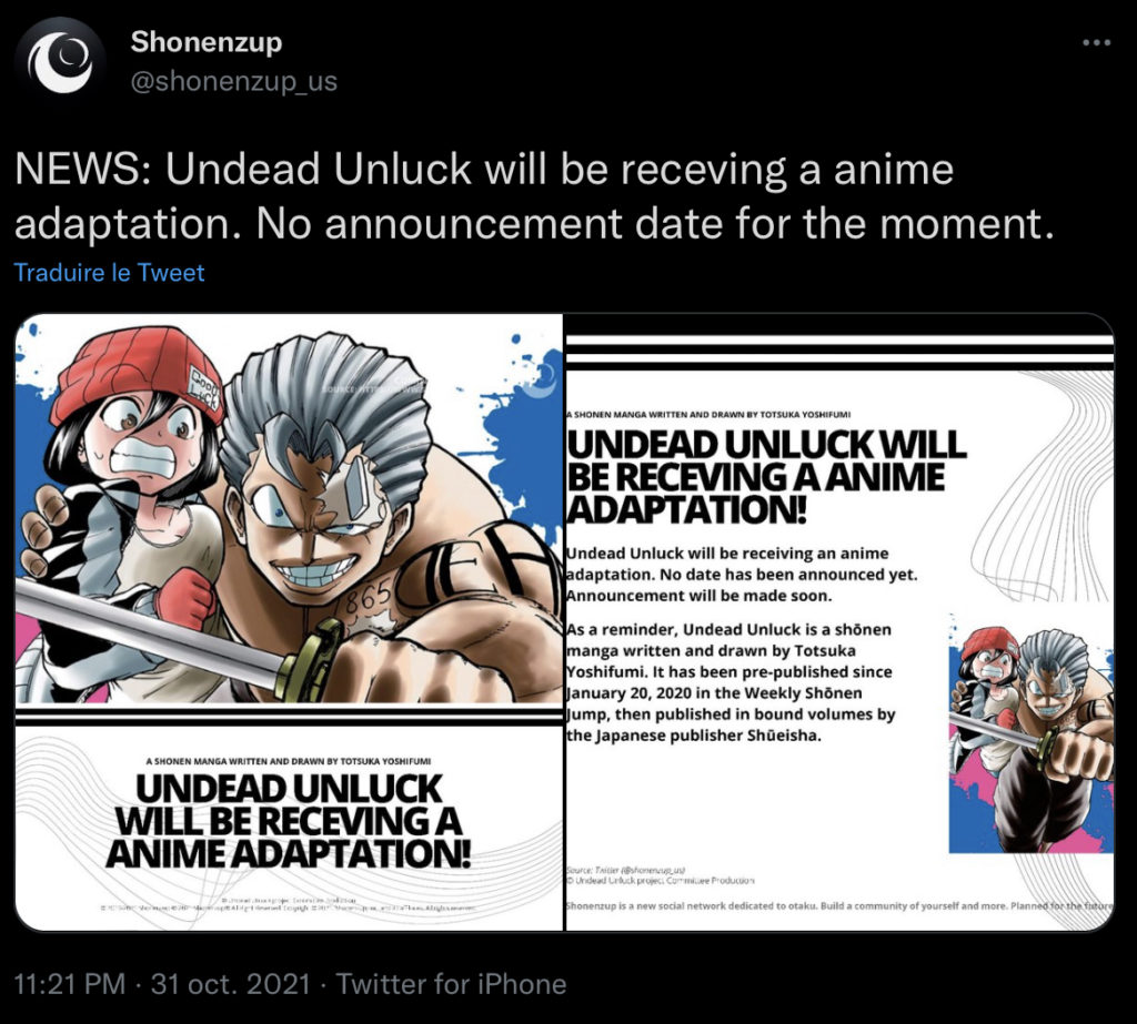 Annonce Officielle Adaptation Anime Undead Unluck Tweet Shonen Zup Yoshifumi Totsuka Kana Editions Nom de domaine Date de sortie 2023 Teaser Trailer Bande-annonce vidéo Leak Studio d’animation