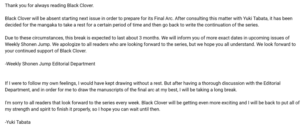 Black Clover Arc final Pause 3 mois Yuki Tabata Hiatus Saga finale Acte finale Préparation Fin Weekly Shonen Jump Source Malade Reprise anime Film Date 2023
