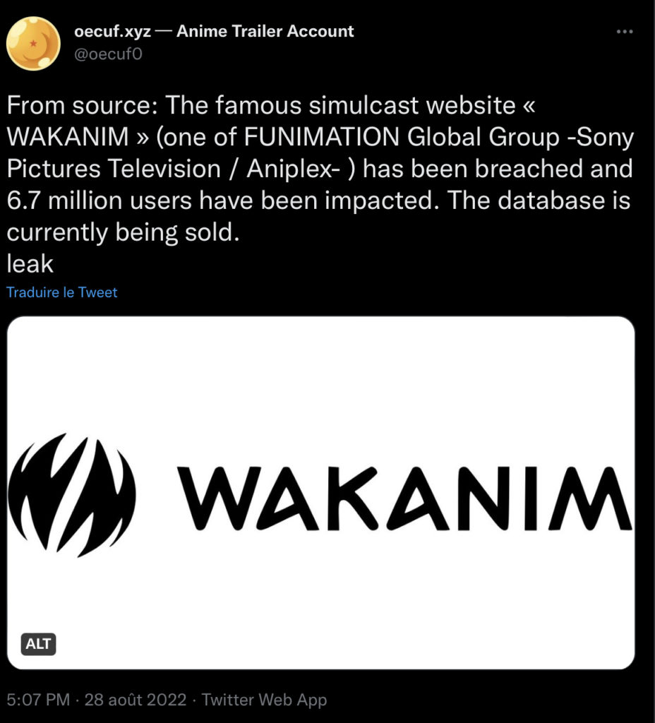 Wakanim Hack Piratage Pirate Breach Fuite de données mots de passe adresse IP adresse mail adresse postale numéro de téléphone Fusion crunchyroll 