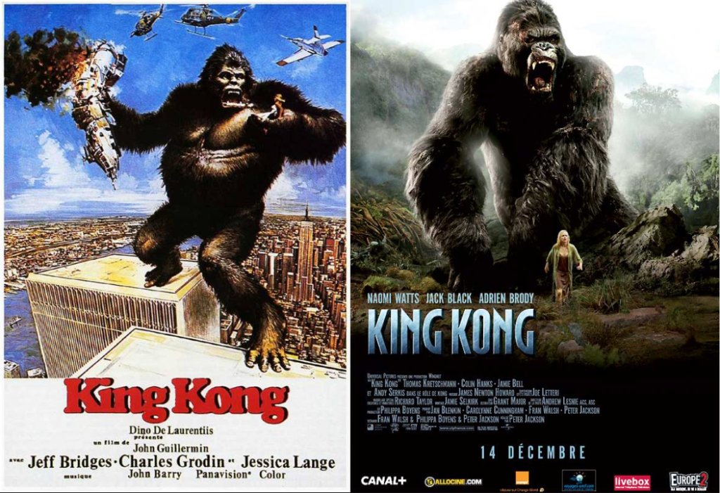 Affiches des films King Kong par John Guillermin (gauche) et Peter Jackson (droite)