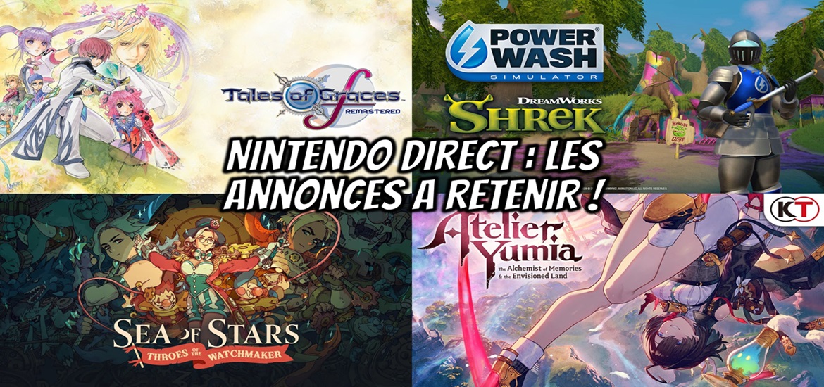 Nintendo, Nintendo Direct, Indie World, Partner Showcase, RPG, JRPG, Sabotage Studio, Sea of Stars : Throes of the Watchmaker, DLC, PowerWash Simulator, Shrek, Lego Horizon Adventures, Capcom Fighting Collection, Civilization VII, Five Nights at Freddy's 2, Dragon Quest III HD 2D Remake, Tales of the Shire, Le Seigneur des Anneaux, Star Wars Hunters, Siukoden, remaster, Rune Factory: Guardians of Azuma, Atelier Yumia : L'alchimiste des souvenirs et la terre rêvée, Tales of Graces f, Bandai Namco, trailer, bande annonce, date de sortie, sorties 2025