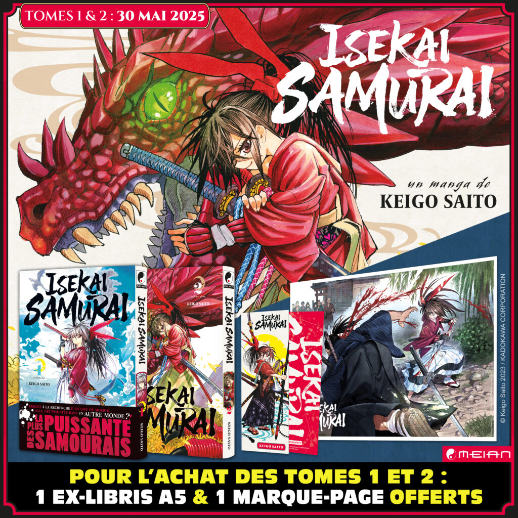 Isekai Samurai, manga, annonce, meian, isekai, japon, samourai, tome 1, tome 2, date de sortie, 30 mai 2025, extrait, Keigo Saito, fantasy,
